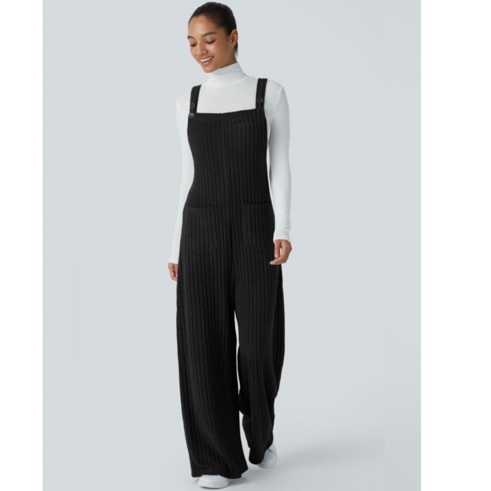 HALARA Ribbed Knit Wide-Leg Overalls Jumpsuit in Black Size XL